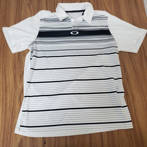Oakley Polo Golf Shirt Men's Size Small White Black & Gray Striped Short Sleeve - Picture 1 of 7